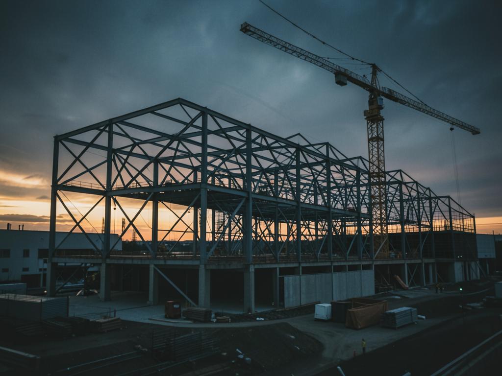 Structural steel frame and tower crane on a construction site