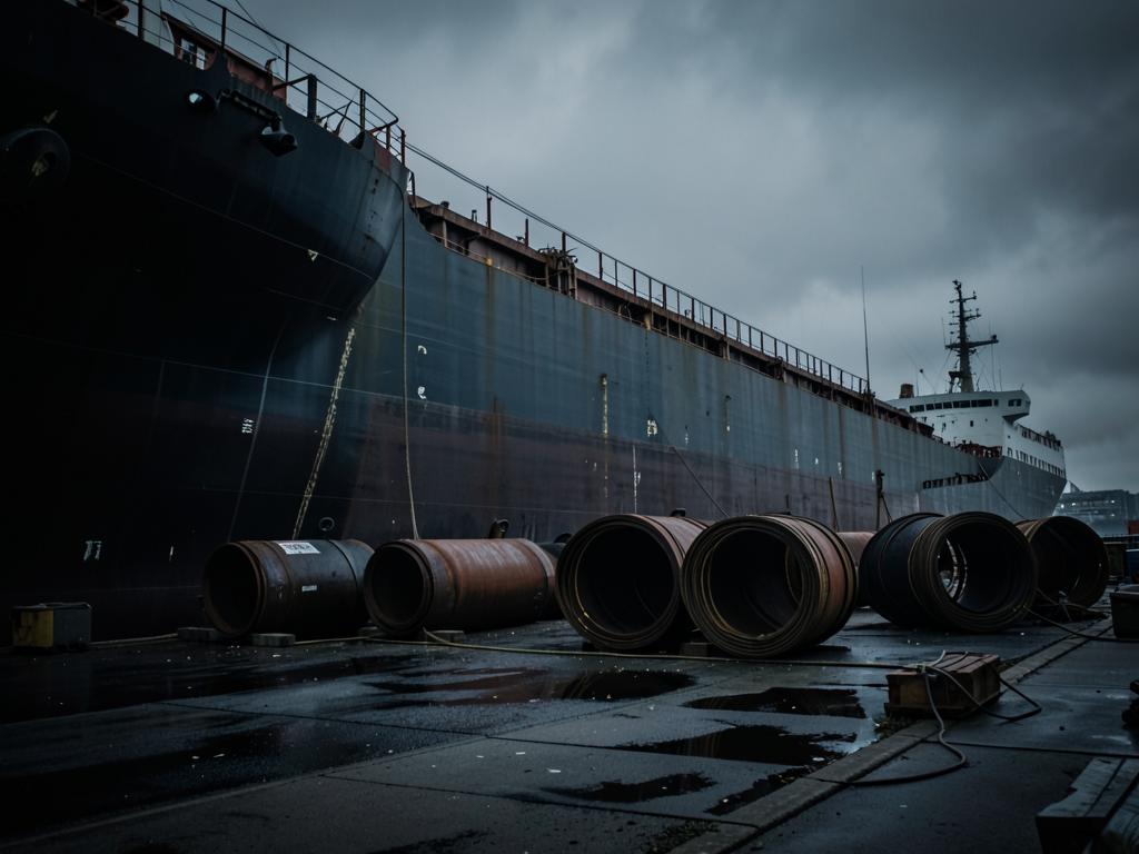 Cargo vessel at a shipyard dock with steel pipe spools
